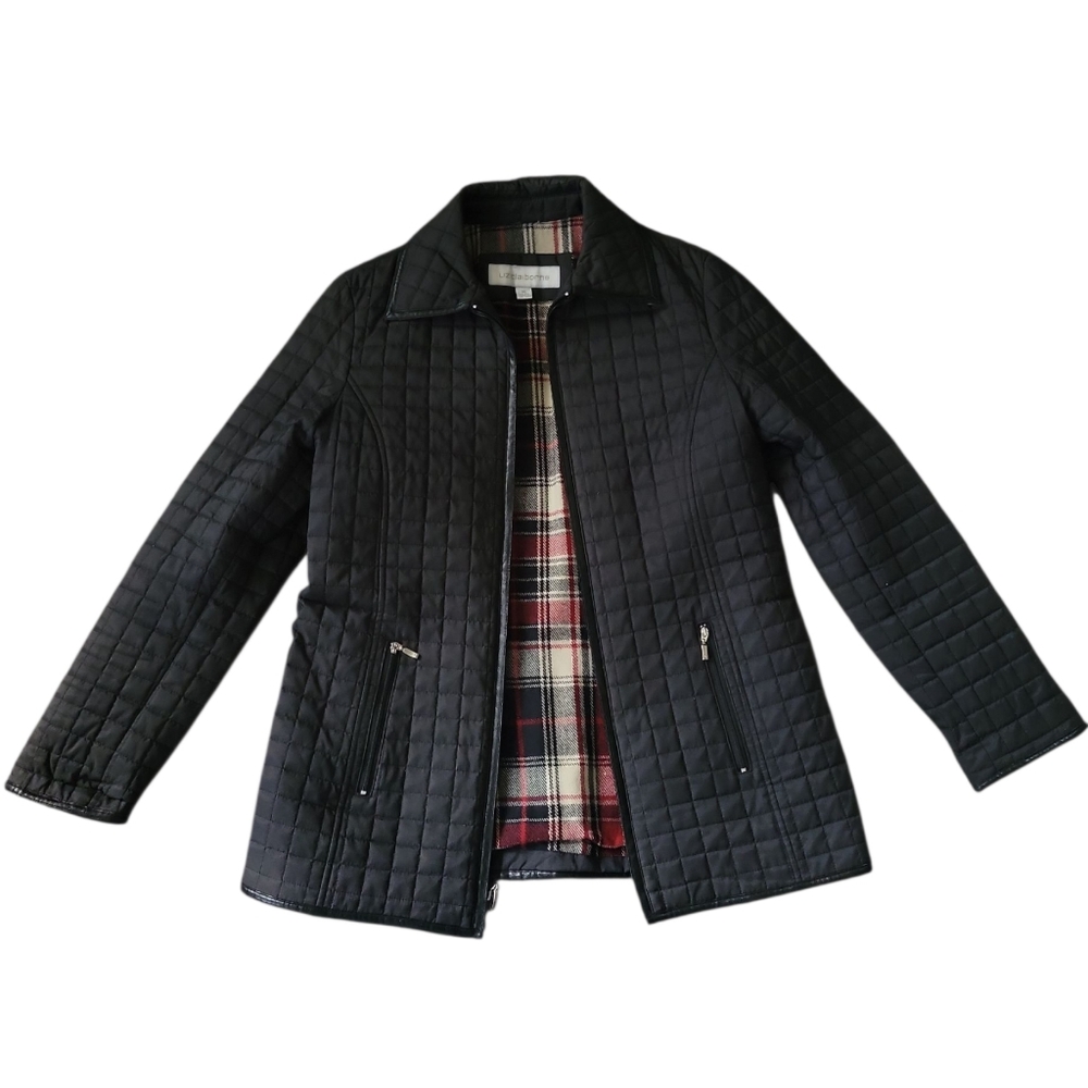 Liz Claibrone | Black Quilted Barn Jacket with Plaid Flannel Lining | Size M